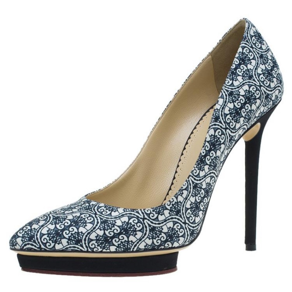 Charlotte Olympia Navy and White Patterned Lace-Up Pump